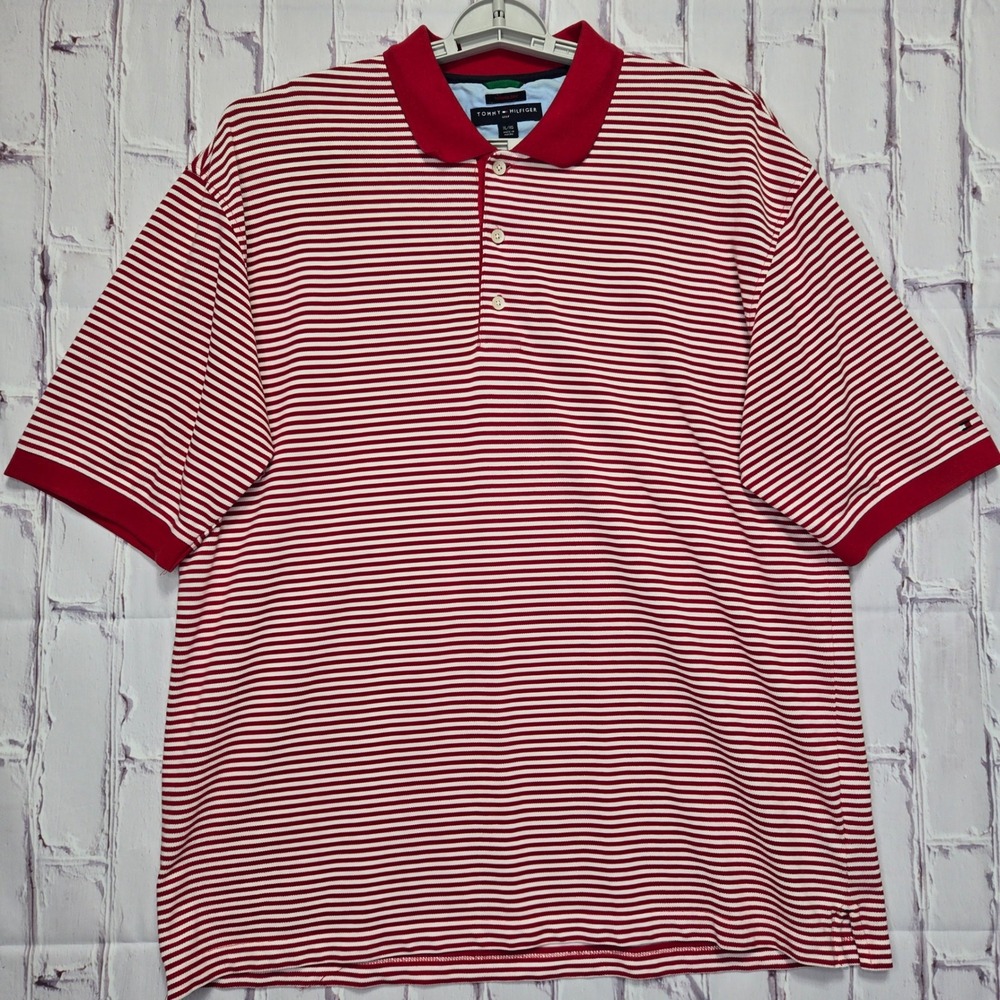 Tommy Hilfiger Golf Men XL Red White Striped Techno-Dry Polo Shirt Tennis Casual